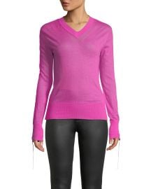 Helmut Lang Tie-Cuff Sheer Cashmere V-Neck Sweater at Neiman Marcus